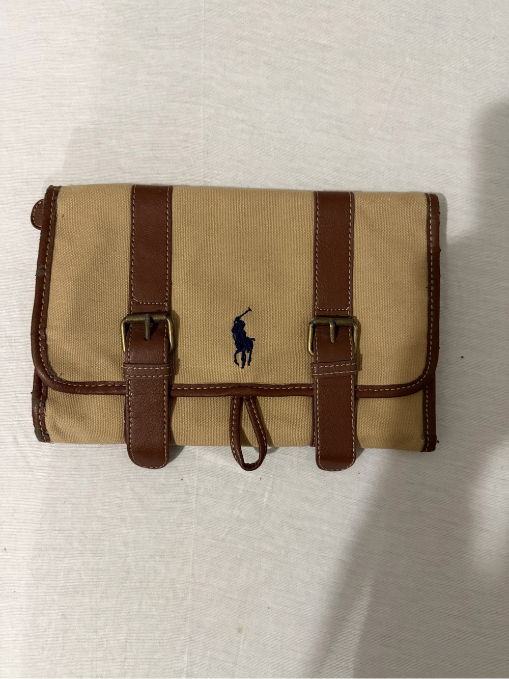 Polo by Ralph Lauren Tan Canvas Toiletry Roll with Brown Leather Trim